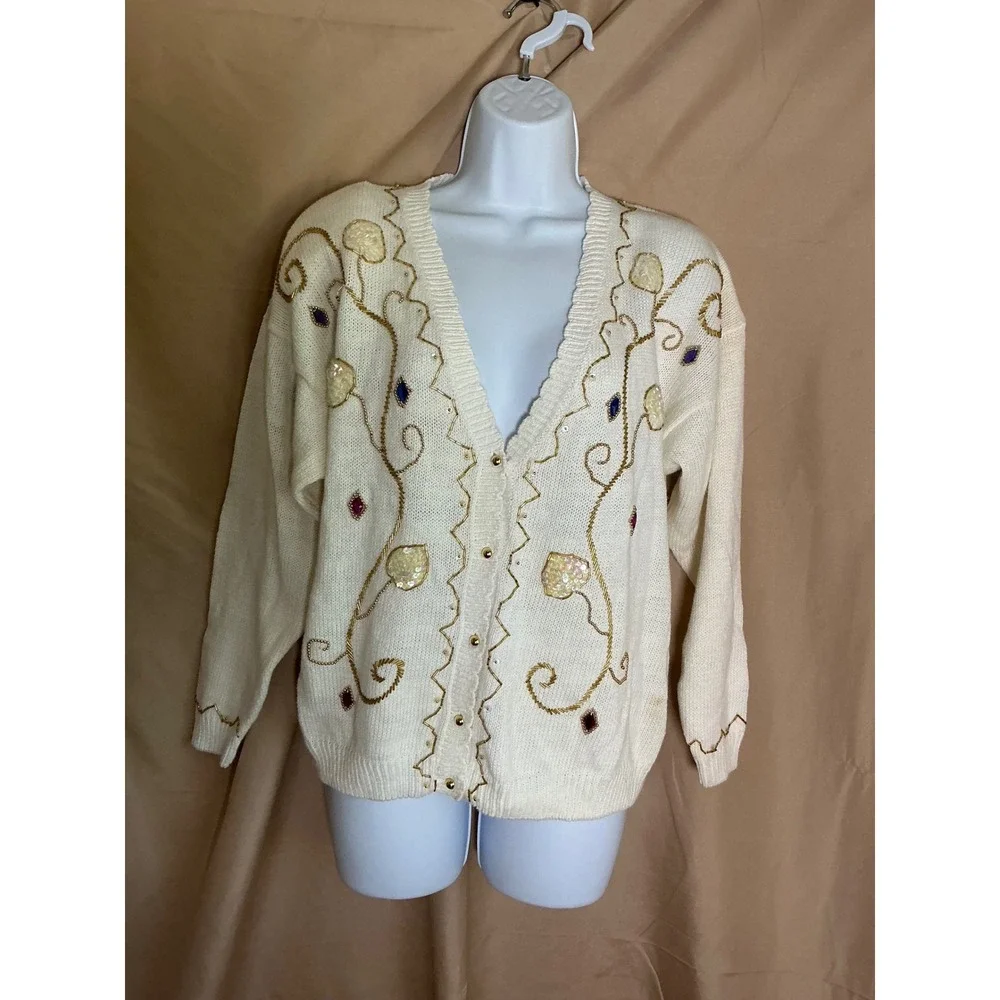 Exclusive Imports Cardigan Womens Medium Cream NWT Beaded Sequin Vintage V-Neck